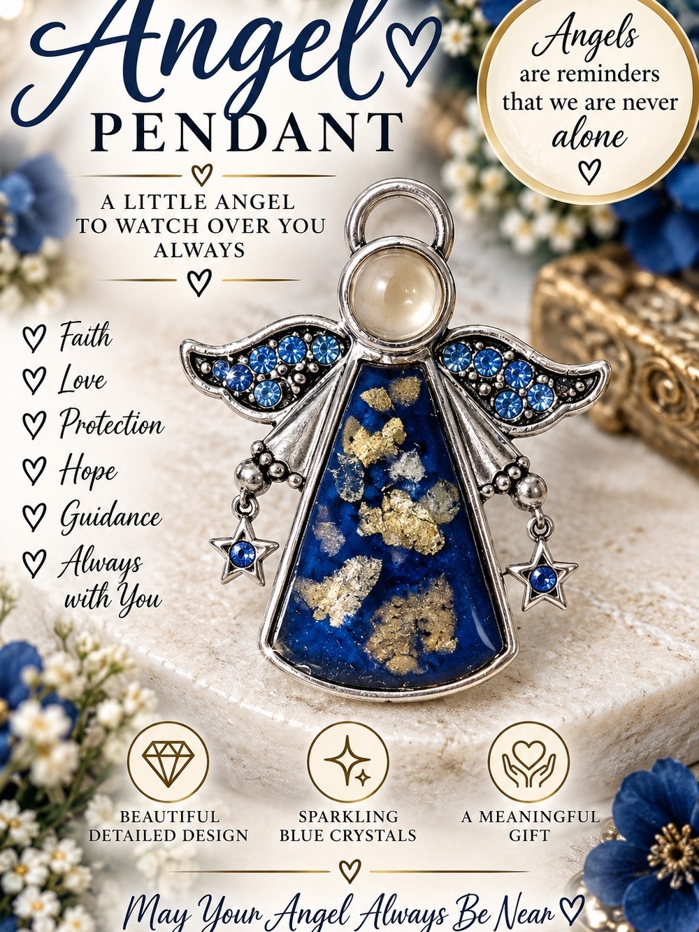 602 Angel Brooch Pin with Blue and Gold Accent Crystals